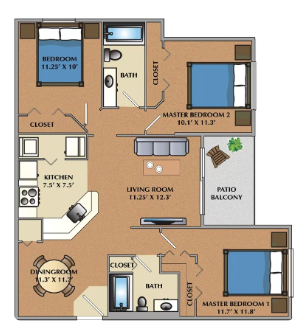 Floor plan for 3 beds, 2 baths, 1252 sqft